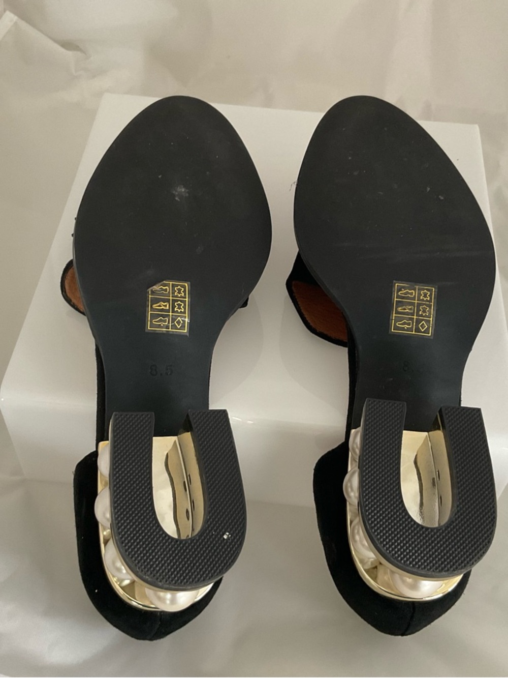 Jeffrey Campbell Black Suede Tassel Loafers with Pearl-Embellished Heel - Picture 3 of 6